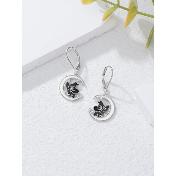 925 Sterling Silver crescent cat Patriotic earrings for Women - Picture 2 of 6